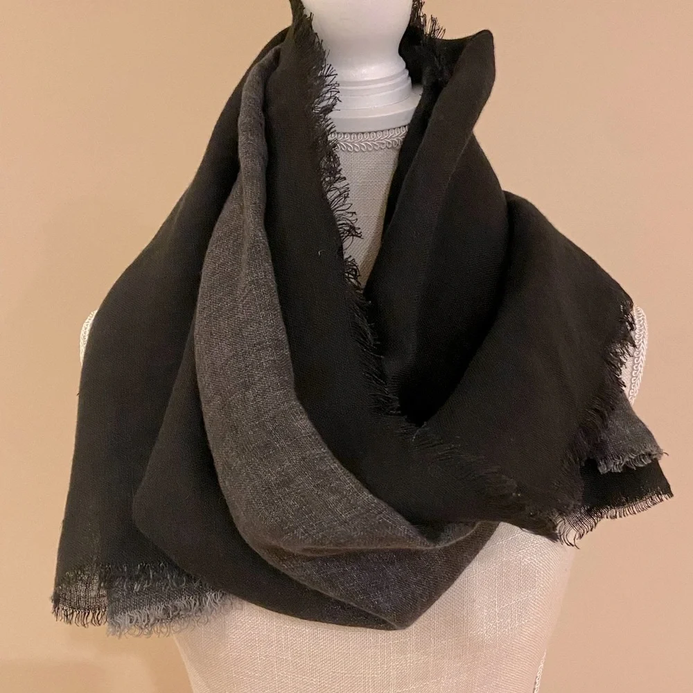 Destin Linen Scarf Wrap Black Gray Made in Italy $340 Retail Luxury Brand - Picture 2 of 16